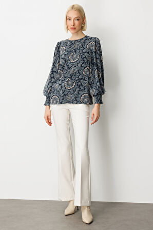 Ekol Kadın Desenli Balon Kol Bluz 3017 Lacivert