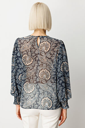 Ekol Kadın Desenli Balon Kol Bluz 3017 Lacivert