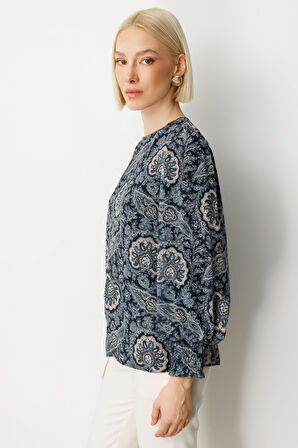 Ekol Kadın Desenli Balon Kol Bluz 3017 Lacivert