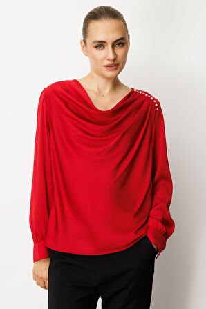 Ekol Kadın Degaje Yaka Saten Bluz 3019 Kırmızı