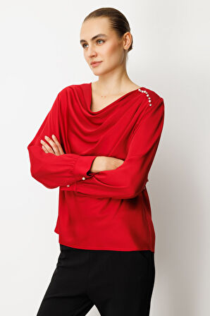 Ekol Kadın Degaje Yaka Saten Bluz 3019 Kırmızı