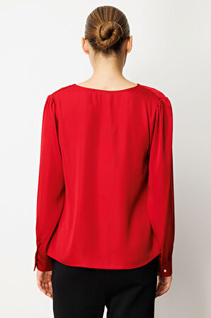 Ekol Kadın Degaje Yaka Saten Bluz 3019 Kırmızı