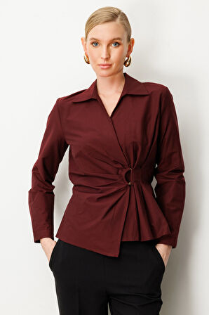 Ekol Kadın Kruvaze Yaka Önü Tokalı Bluz 3047 Bordo