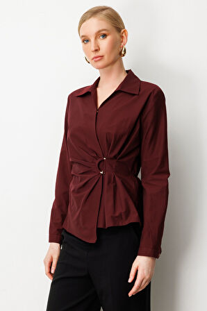 Ekol Kadın Kruvaze Yaka Önü Tokalı Bluz 3047 Bordo