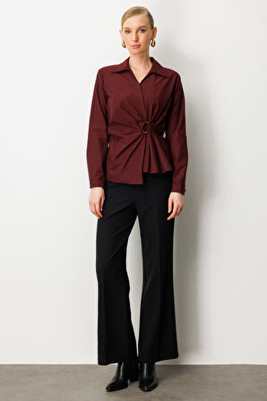 Ekol Kadın Kruvaze Yaka Önü Tokalı Bluz 3047 Bordo