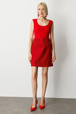 Ekol Kadın Aksesuar Detaylı Mini Kaşe Etek 2003 Kırmızı