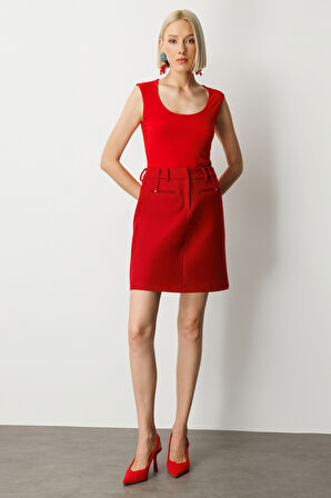 Ekol Kadın Aksesuar Detaylı Mini Kaşe Etek 2003 Kırmızı