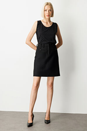 Ekol Kadın Aksesuar Detaylı Mini Kaşe Etek 2003 Siyah