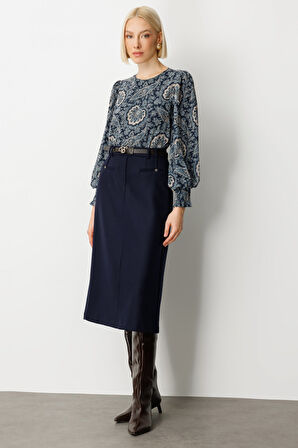 Ekol Kadın Beli Kemerli Yırtmaçlı Midi Etek 2009 Lacivert