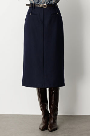 Ekol Kadın Beli Kemerli Yırtmaçlı Midi Etek 2009 Lacivert