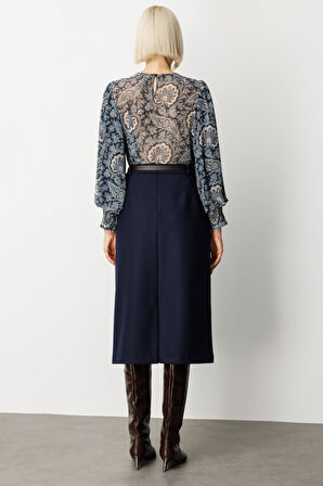 Ekol Kadın Beli Kemerli Yırtmaçlı Midi Etek 2009 Lacivert