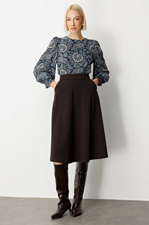 Ekol Kadın Beli Lastikli Volanlı Midi Etek 2023 Kahverengi