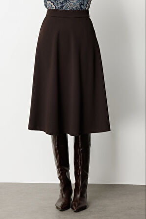 Ekol Kadın Beli Lastikli Volanlı Midi Etek 2023 Kahverengi