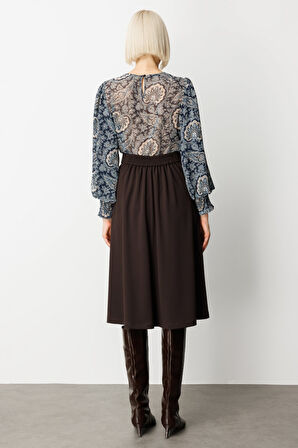 Ekol Kadın Beli Lastikli Volanlı Midi Etek 2023 Kahverengi