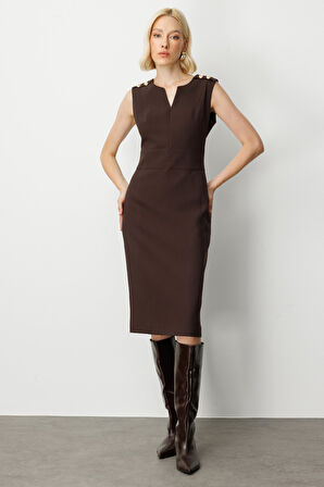 Ekol Kadın Süs Düğme Detaylı Kolsuz Elbise 4015 Kahverengi