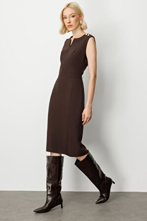 Ekol Kadın Süs Düğme Detaylı Kolsuz Elbise 4015 Kahverengi