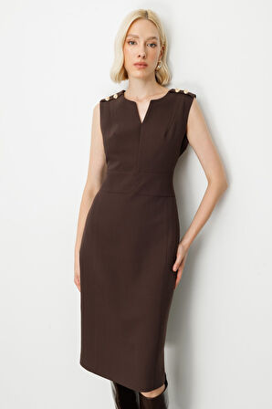 Ekol Kadın Süs Düğme Detaylı Kolsuz Elbise 4015 Kahverengi