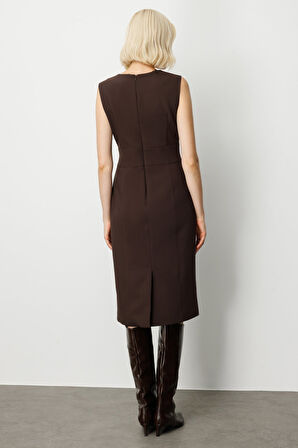 Ekol Kadın Süs Düğme Detaylı Kolsuz Elbise 4015 Kahverengi