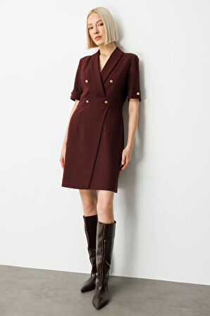 Ekol Kadın Kruvaze Yaka Süs Düğmeli Elbise 4017 Bordo