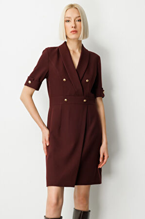 Ekol Kadın Kruvaze Yaka Süs Düğmeli Elbise 4017 Bordo