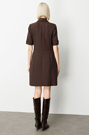 Ekol Kadın Kruvaze Yaka Süs Düğmeli Elbise 4017 Kahverengi