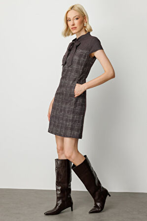 Ekol Kadın Yakası Fiyonk Detaylı Desenli Elbise 4019 Bordo