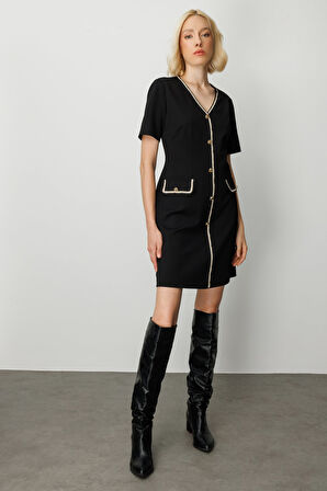 Ekol Kadın V Yaka Biyeli Midi Elbise 4021 Siyah