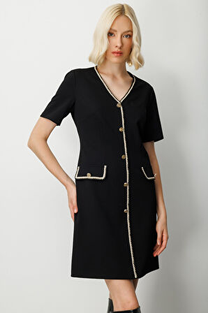 Ekol Kadın V Yaka Biyeli Midi Elbise 4021 Siyah