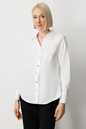 Ekol Kadın Polo Yaka Pamuklu Gömlek 3049 Ekru