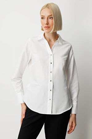 Ekol Kadın Polo Yaka Pamuklu Gömlek 3049 Ekru