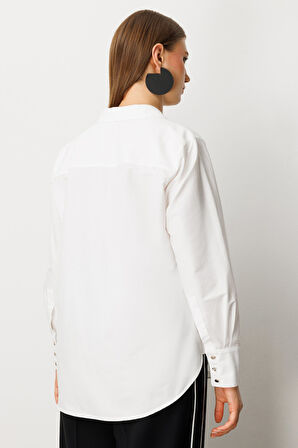 Ekol Kadın Büyük Beden Önü Düğmeli Polo Yaka Gömlek 3549 Ekru