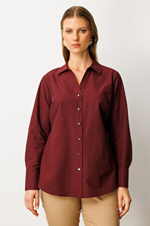 Ekol Kadın Büyük Beden Önü Düğmeli Polo Yaka Gömlek 3549 Bordo