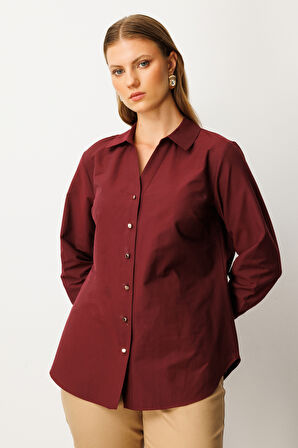 Ekol Kadın Büyük Beden Önü Düğmeli Polo Yaka Gömlek 3549 Bordo