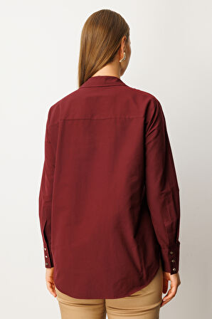 Ekol Kadın Büyük Beden Önü Düğmeli Polo Yaka Gömlek 3549 Bordo