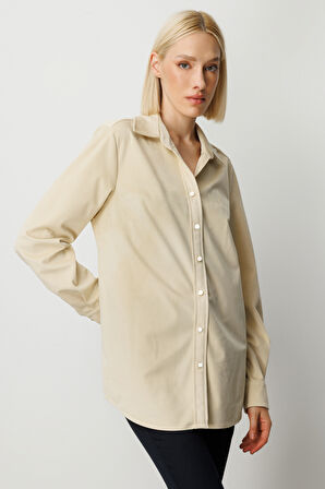 Ekol Kadın İnce Fitilli Kadife Gömlek 3045 Ekru