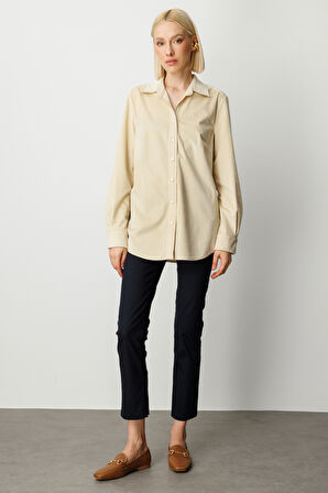 Ekol Kadın İnce Fitilli Kadife Gömlek 3045 Ekru