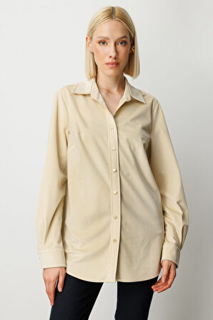 Ekol Kadın İnce Fitilli Kadife Gömlek 3045 Ekru