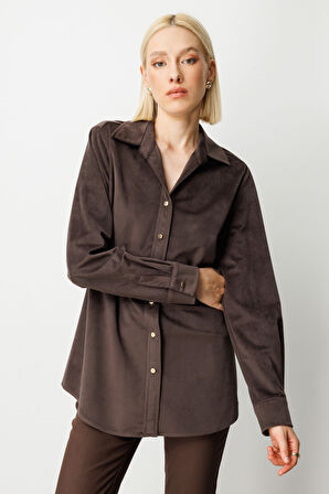 Ekol Kadın İnce Fitilli Kadife Gömlek 3045 Kahverengi