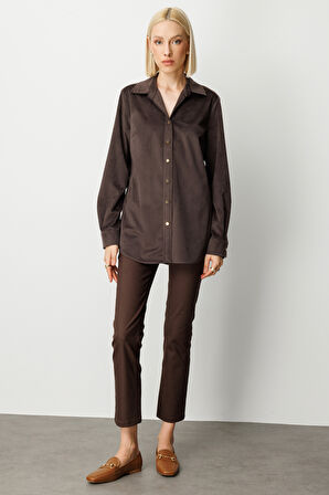 Ekol Kadın İnce Fitilli Kadife Gömlek 3045 Kahverengi