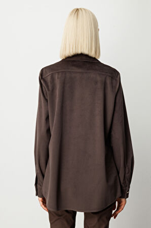 Ekol Kadın İnce Fitilli Kadife Gömlek 3045 Kahverengi