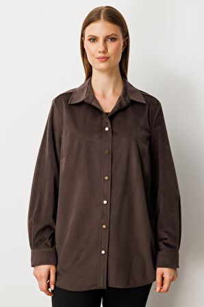 Ekol Kadın Büyük Beden İnce Fitilli Kadife Gömlek 3545 Kahverengi
