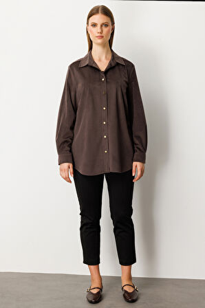 Ekol Kadın Büyük Beden İnce Fitilli Kadife Gömlek 3545 Kahverengi