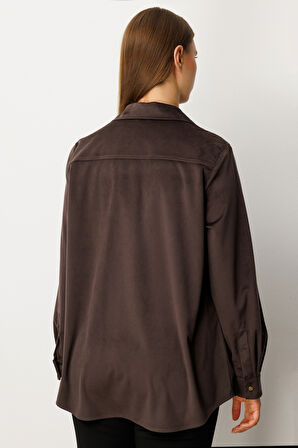 Ekol Kadın Büyük Beden İnce Fitilli Kadife Gömlek 3545 Kahverengi