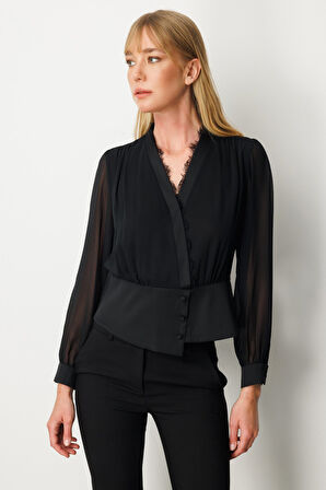 Ekol Kadın Yakası Dantel Detaylı Kruvaze Bluz 3023 Siyah