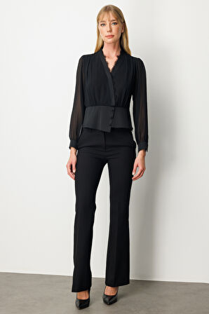 Ekol Kadın Yakası Dantel Detaylı Kruvaze Bluz 3023 Siyah