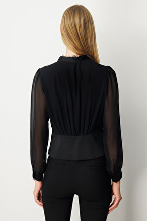 Ekol Kadın Yakası Dantel Detaylı Kruvaze Bluz 3023 Siyah