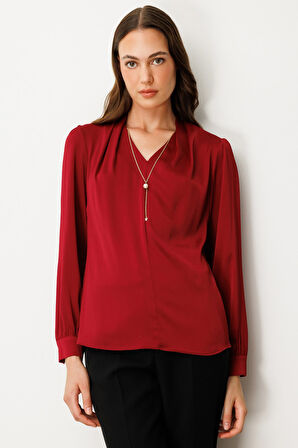 Ekol Kadın Kolye Aksesuarlı V Yaka Bluz 3013 Bordo