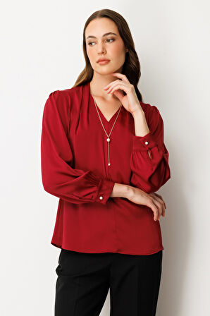 Ekol Kadın Kolye Aksesuarlı V Yaka Bluz 3013 Bordo