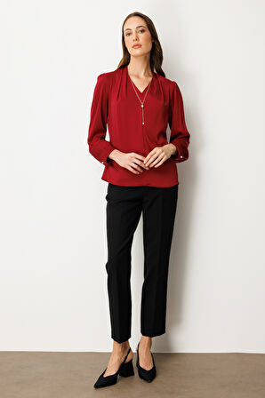 Ekol Kadın Kolye Aksesuarlı V Yaka Bluz 3013 Bordo