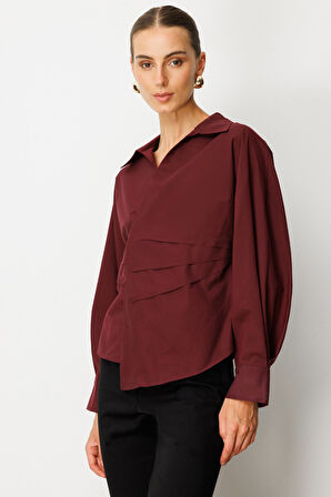 Ekol Kadın Önü Drapeli Kruvaze Gömlek 3043 Bordo